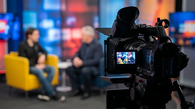 Behind the scenes of a news broadcast camera operator anchors and studio setup