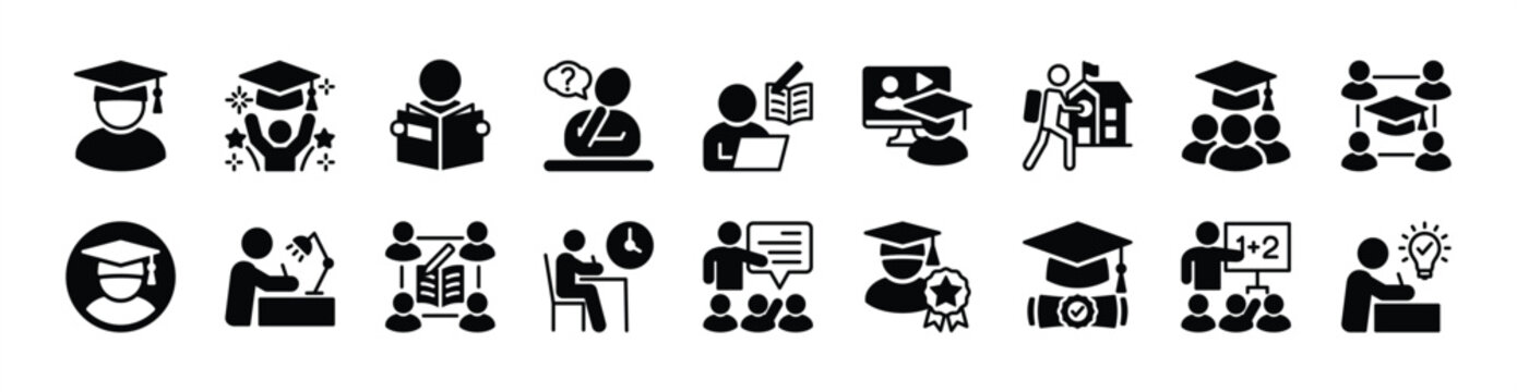 Student icon vector set. Contains education, study, graduation cap, diploma, thinking, e-learning, training, group, desk, deadline, school, university, class, college, homework, test - illustration