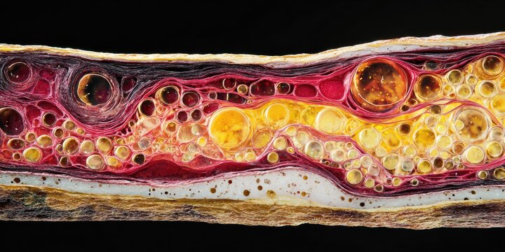 Microscopic View of Atherosclerosis Plaque Buildup in Artery Wall.