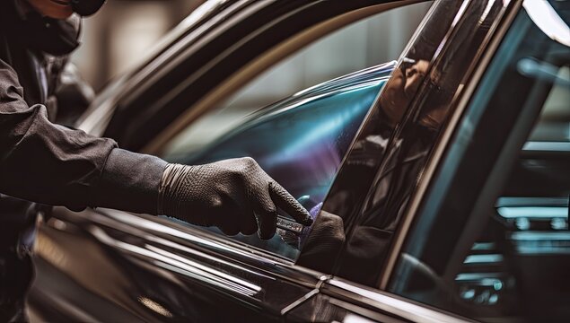 Criminal in dark clothing attempts to break into a car at night.