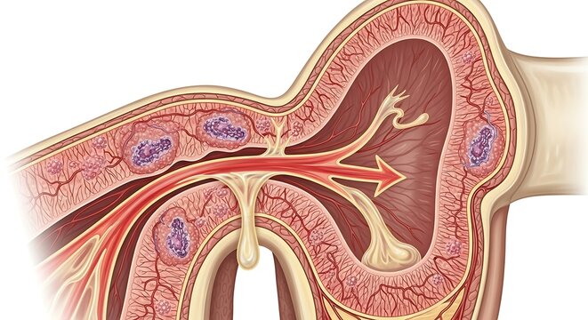 Detailed Cross-Sectional View of Human Intestinal Villi and Microvilli.