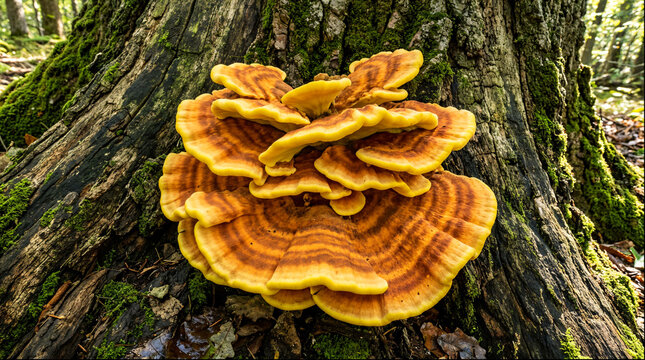Huge cluster of chicken of the woods sulphur shelf fungus on tree