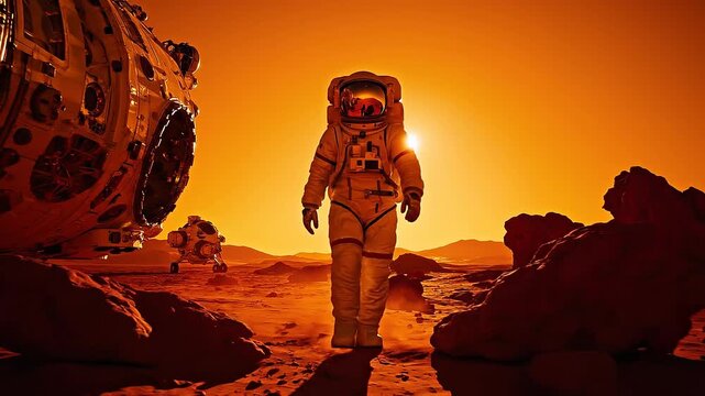 Astronaut exploring red rocky terrain on Mars with spacecraft and rover under bright sun