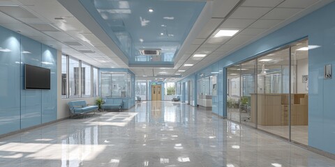 Obraz premium Modern Office Hallway with Glass Walls and Blue Accents.