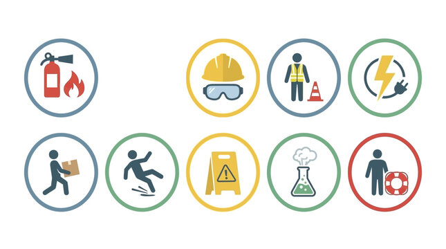 Vector Icons Set of Occupational Health and Safety Icons and Workplace Hazard Symbols. Vector Illustrations. EPS Editable