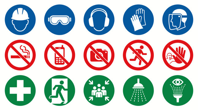 Vector Icons Set of Occupational Health and Safety Signs and Warning Symbols. Vector Illustrations. EPS Editable