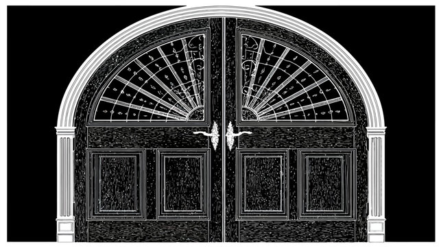 Arched, ornately detailed double door with glass panel set in dark outline graphic style