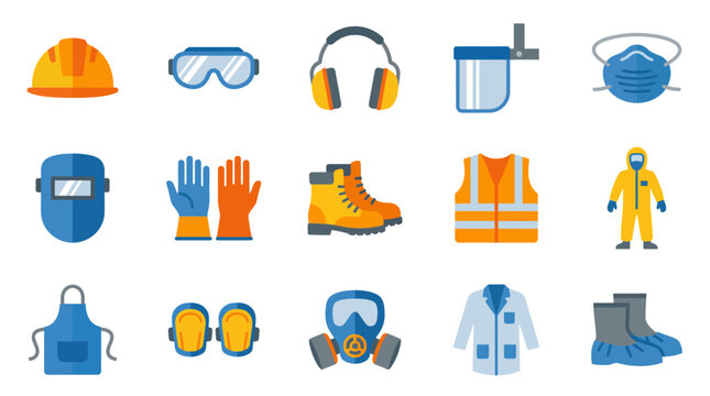 Vector Icons Set of personal protective equipment icons for industrial safety and construction work. Vector Illustrations. EPS Editable