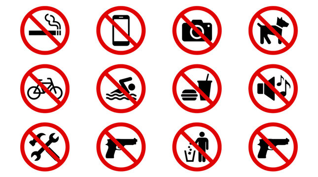 Vector Icons Set of prohibition warning signs and forbidden activities icons. Vector Illustrations. EPS Editable