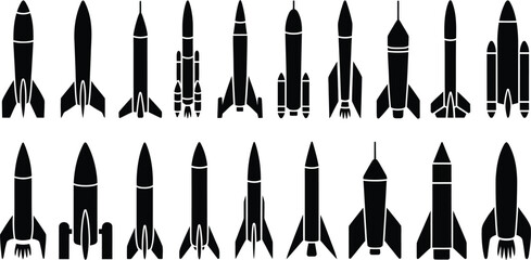 Rocket ship silhouette collection featuring various spacecraft designs and missile shapes for space exploration aerospace industry and startup launch concepts vector. © Sumaiya