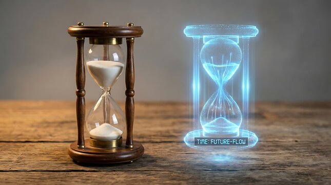 Contrasting timepieces a vintage hourglass and a futuristic digital timer representing past and future concepts