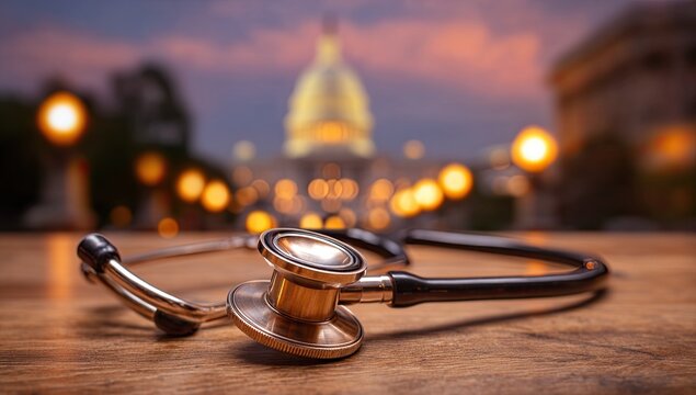 Stethoscope on Wooden Table with Government Building at Dusk.