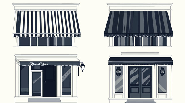 Monochrome illustration of four storefronts with awnings, varying design, and a vintage aesthetic