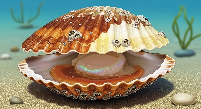 Open Scallop Shell with Pearl on Sandy Seafloor.
