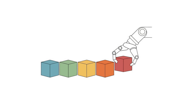 Robot arm building a colorful cube tower.