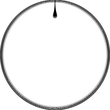 A stylized, textured circle frame with a teardrop shape extending from the top edge