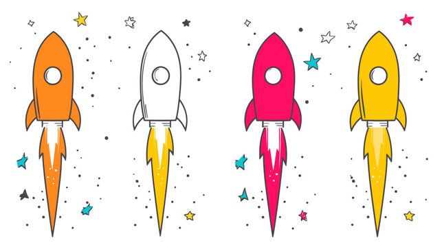 Four colorful cartoon rockets blasting off with star and dot accents, creating a whimsical scene