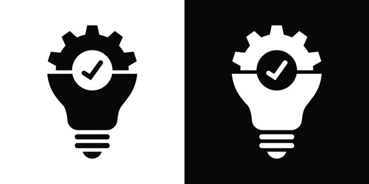 Icon featuring a light bulb, gear, and checkmark. Symbolizes tested innovation, successful technical solutions, verified development, and optimized creative processes. Vector graphic.