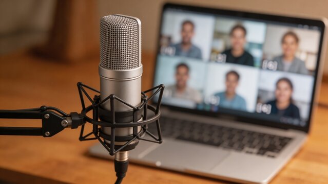 A professional microphone and laptop setup for online meetings, podcasting, or radio broadcasting, showcasing a modern and sleek design for remote communication and collaboration.