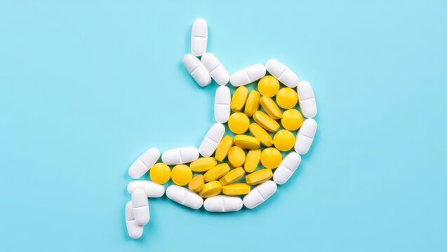 A creative visual representation of stomach pain and medication, featuring a stomach shape formed by pills and capsules on a light blue background.