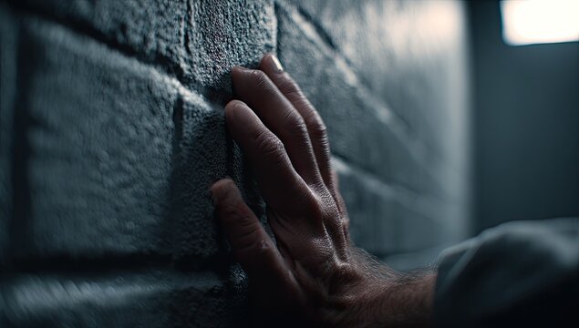 Close-up of a persons hands clasped together in prayer or supplication against a textured surface.