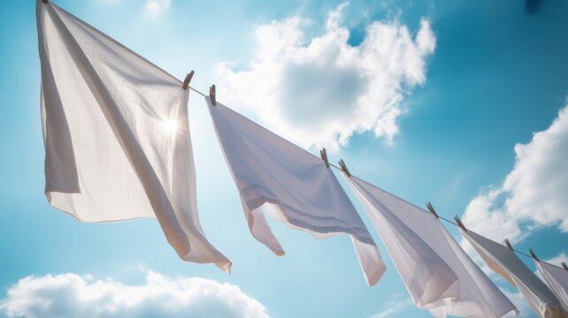 White laundry drying on a clothesline against a blue sky