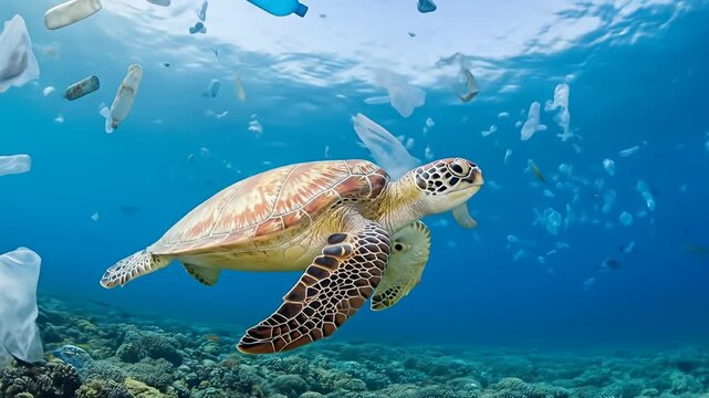 Sea turtle swims through polluted ocean, plastic bags and bottles floating everywhere