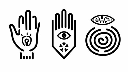 Fototapeta premium Three minimalist icons a hand with eye, banner with eye, and spiral, all outlined
