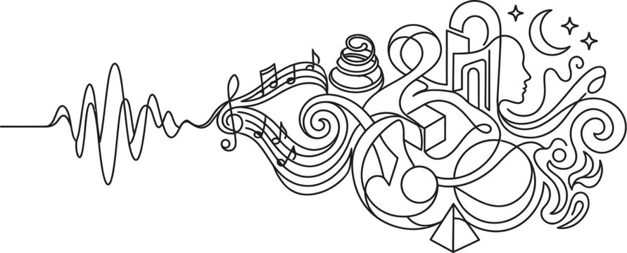 Abstract representation of sound waves transforming into musical notes and symbolic imagery with moon and stars