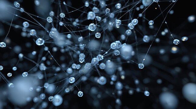 Abstract mesh of interconnected translucent spheres and strands on a dark background