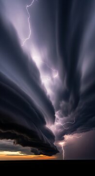 Dramatic storm clouds and lightning illuminate the sky.