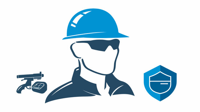 Silhouette person with hard hat and safety glasses next to a gun and a shield