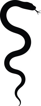 Silhouette of a black snake with its tongue flicking out, coiled in a vertical s-shape against a clean white background, representing danger and stealth