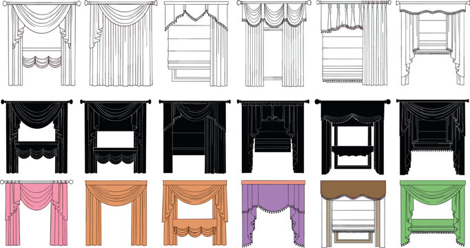 Window curtains vector set with drapes valances blinds and decorative interior treatments line silhouette and flat illustration collection