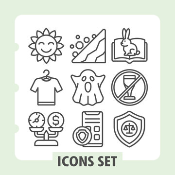 Set of nine vector line icons depicting summer weather, clothing, finance, spiritually, communication and security concepts on white background. Ideal for web, digital projects and print media.