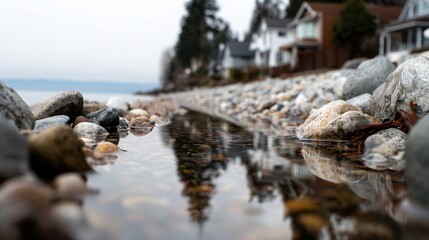 Obraz premium Climate change coastal impact, calm flooded shoreline near residential area, subtle water rise, realistic reflection, documentary photography tone, non-dramatic stock image