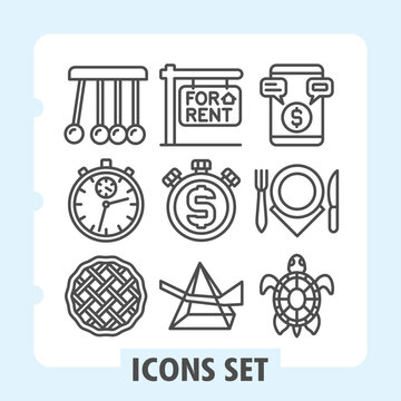 Set of nine line icons representing real estate, renting, investment, time management and home services concepts on white background. Ideal for web, digital projects and print media.