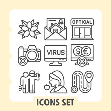 Set of nine line icons representing nature, protection, home security, optical shop, financial and health concepts on white background. Ideal for web, digital projects and print media.
