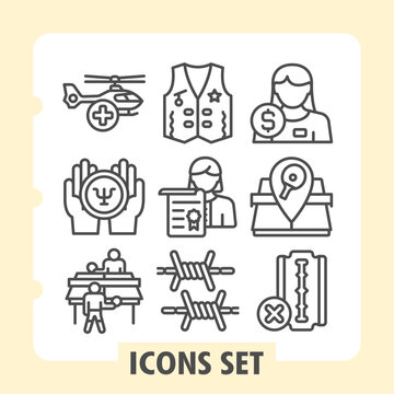 Set of nine line icons representing healthcare, travel, safety, finance and identity concepts on white background. Ideal for web, digital projects and print media.