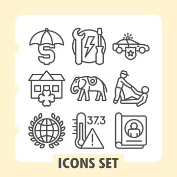 Set of nine line icons depicting weather, travel, emergency, home, family, sports and support concepts on white background. Ideal for web, digital projects and print media.