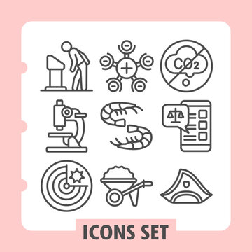 Set of nine line icons representing scientific, technological, emissions, messaging, energy and laboratory tools concepts on white background. Ideal for web, digital projects and print media.