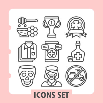 Set of nine line icons depicting beekeeping, clothing, achievement, competition and medical concepts on white background. Ideal for web, digital projects and print media.