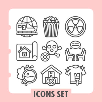 Set of nine vector line icons depicting transport, home, laundry, fast food and safety concepts on white background. Ideal for web, digital projects and print media.