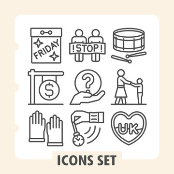 Set of nine line icons depicting office work, travel, housework, motherhood and lifestyle concepts on white background. Ideal for web, digital projects and print media.