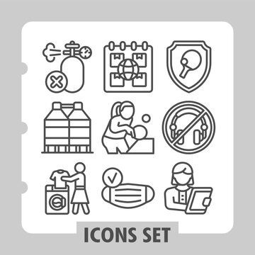 Set of nine clean line icons depicting healthcare, medical and daily essentials concepts on white background. Ideal for web, digital projects and print media.