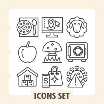 Clean and modern set of nine line icons depicting food, technology, home and finance concepts on white background. Ideal for web, digital projects and print media.