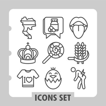 Set of nine line icons representing royalty, clothing, medication, sweets and lifestyle concepts on white background. Ideal for web, digital projects and print media.