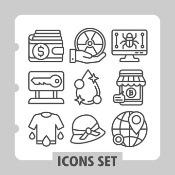Clean and modern set of nine line icons featuring security, washing, science, business and finance concepts on white background. Ideal for web, digital projects and print media.