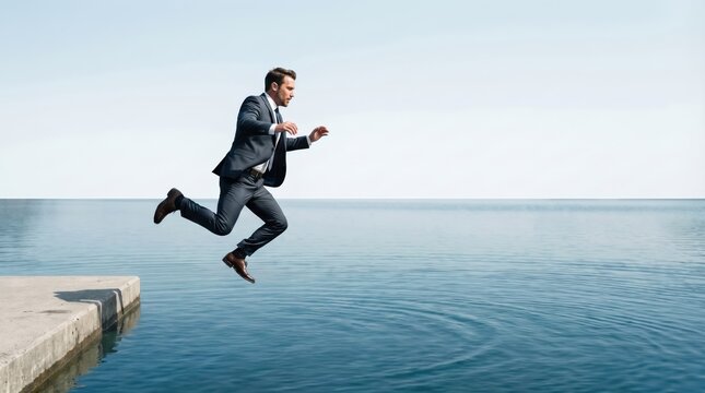 Business Person springt ins Wasser als Metapher f&uuml;r Risiko, Mut und einen Neuanfang, dynamisches Konzeptbild mit viel Copy Space.