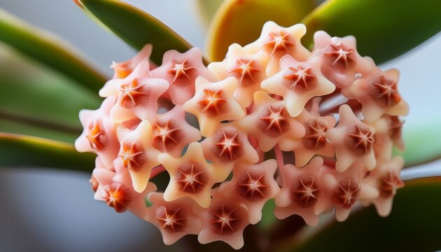 close up of waxy star shaped clusters of unbloomed hoya flowers with a soft pink orange color